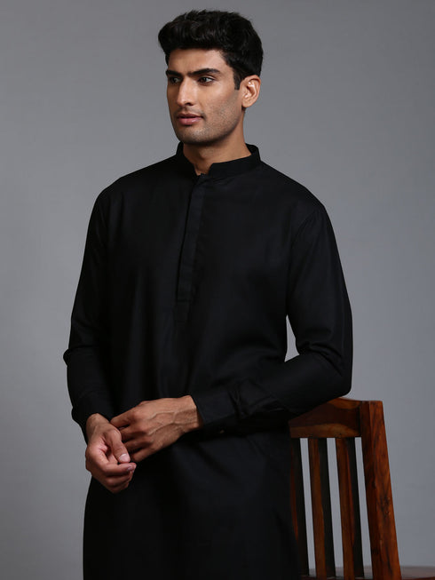 Vastramay Men's Black Cotton Blend Kurta and White Pant Set